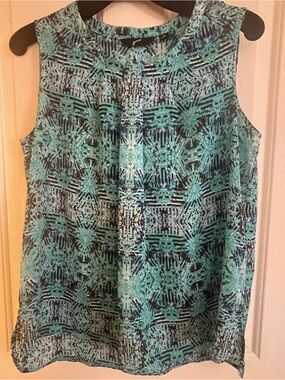Gnu SZ  M Turquoise White Black Abstract Design Sleeveless Pullover No Wrinkles